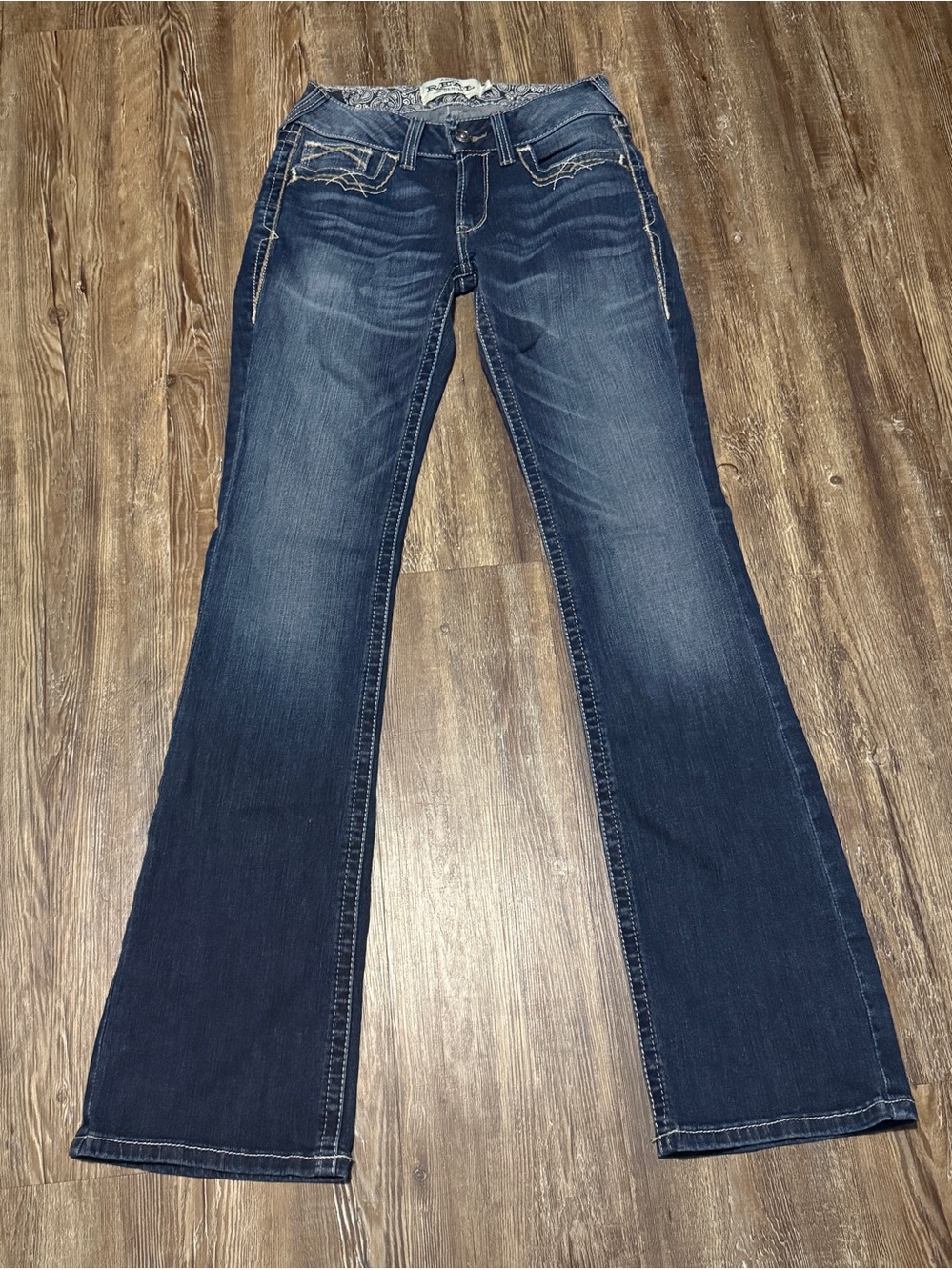 Ariat Real Mid Rise Boot Entwined Jeans Women's 28L Western Fit in Festival Blue